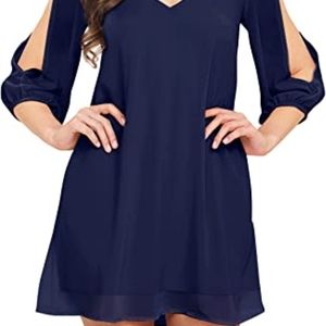 Noctflos 3/4 Sleeve V Neck Shift Dress - Blue- Size L